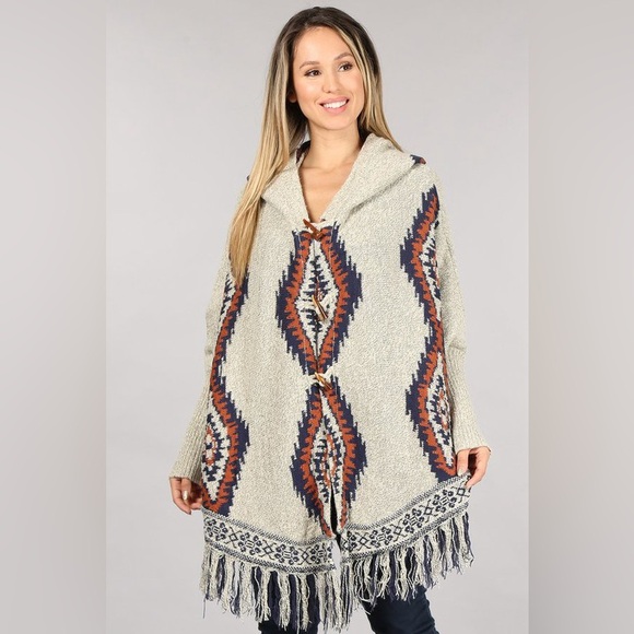 #270 New! Cozy Oversized Aztec Oversized  Poncho Sweater Jacket Coat - Picture 5 of 5